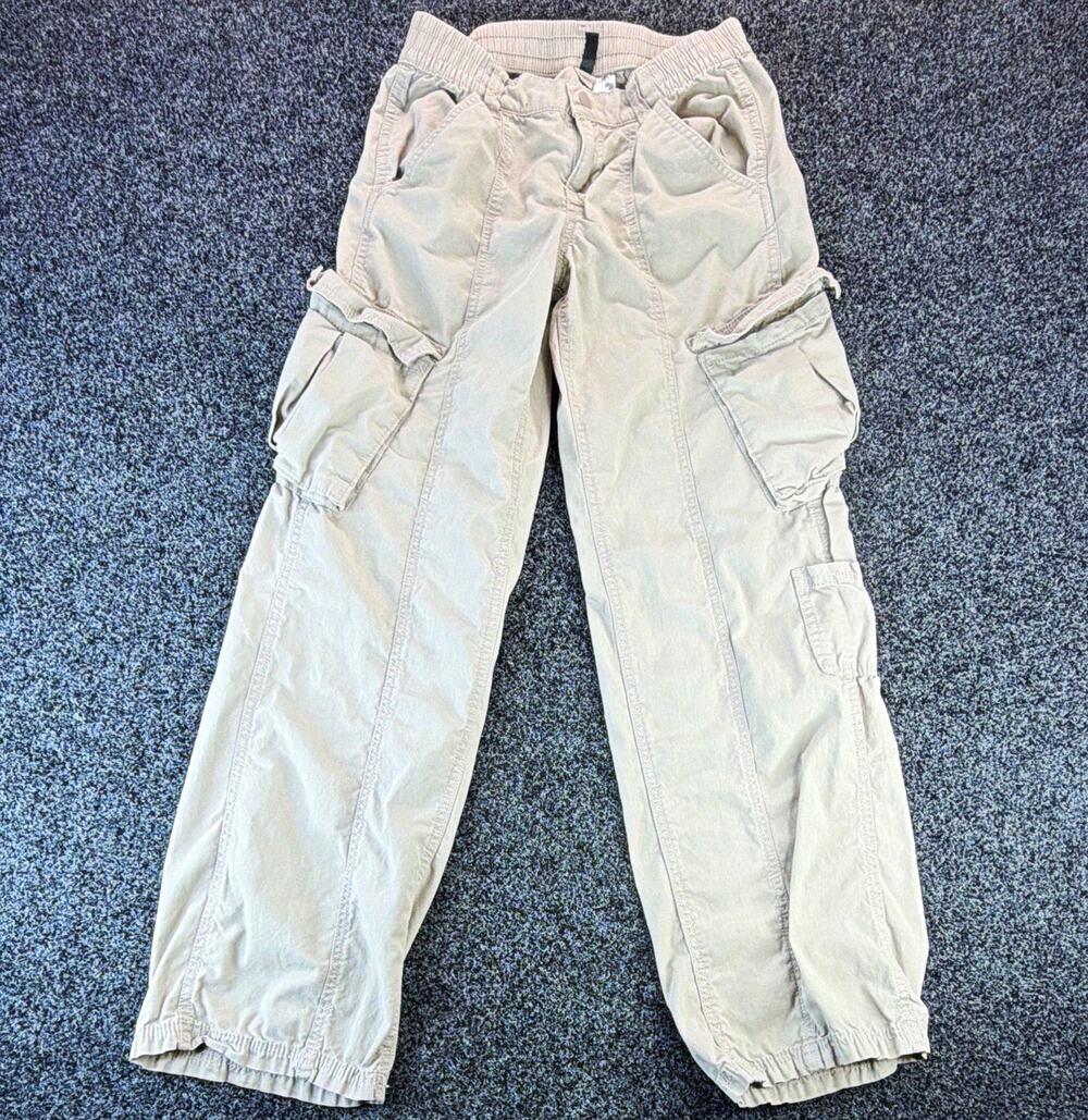 H&M Women’s Beige Solid Cargo Pants Straight Leg Mid Rise Cotton Canvas 2